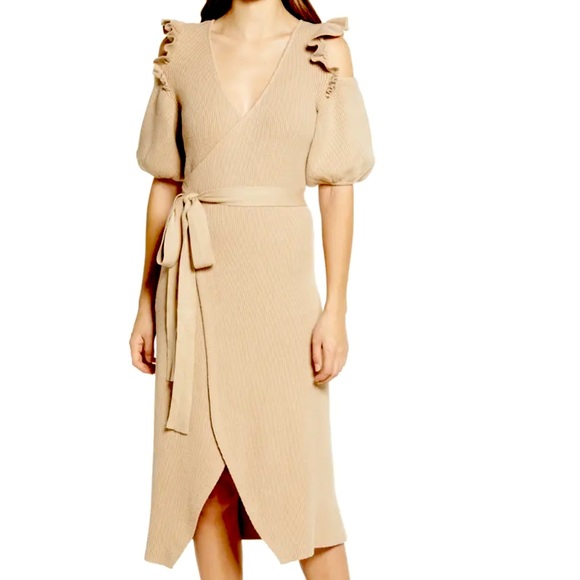 Never Fully Dressed ruffle cold shoulder wrap tie knitted midi dress in camel - Picture 1 of 8
